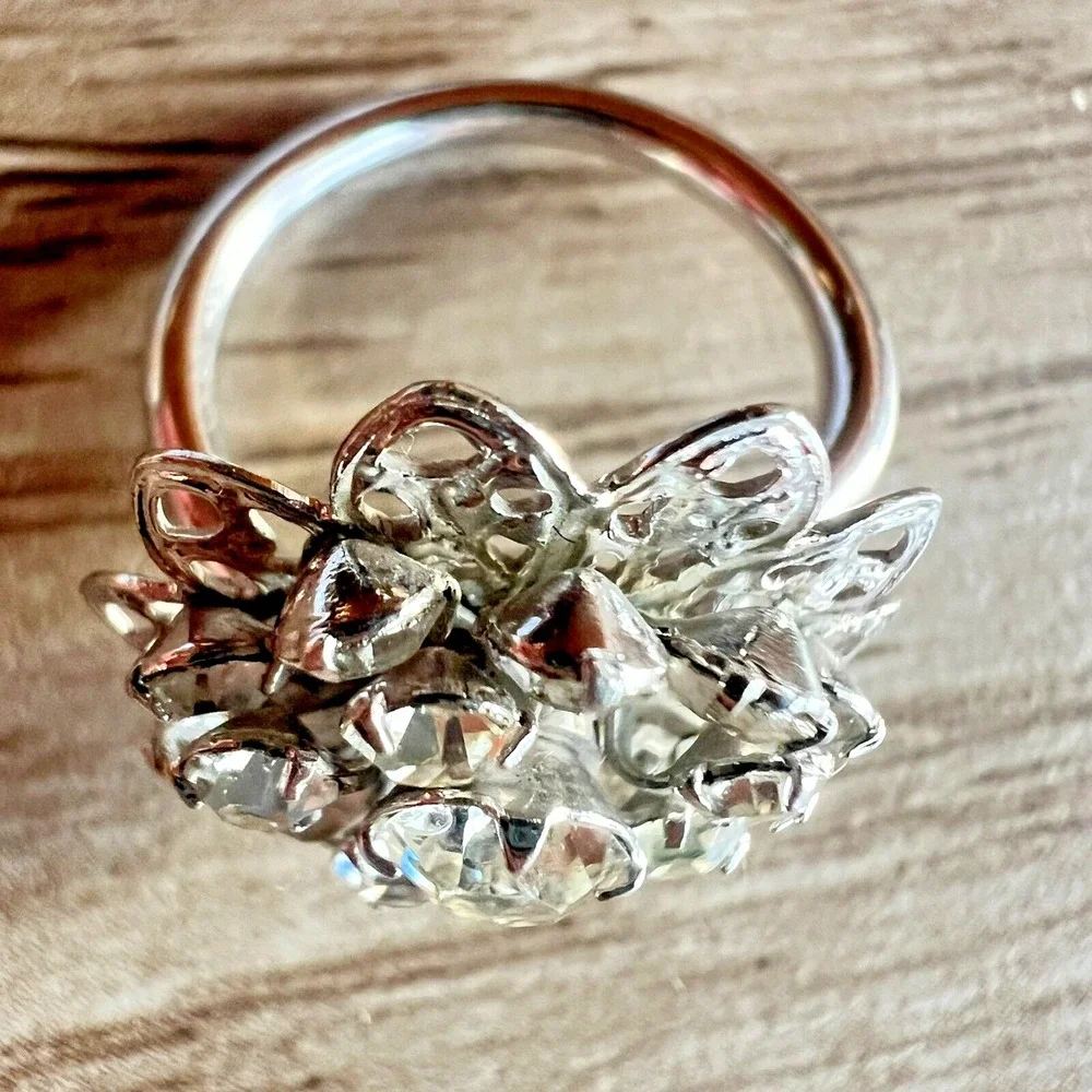 Vintage Sarah‎ Coventry Adjustable Silver Tone Rhinestone Cluster Ring 1960s MCM
